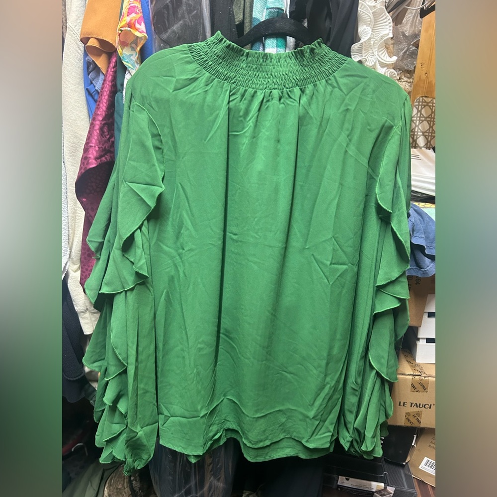 Brand New Green 2X Long Ruffle Sleeve Blouse from Chic Soul